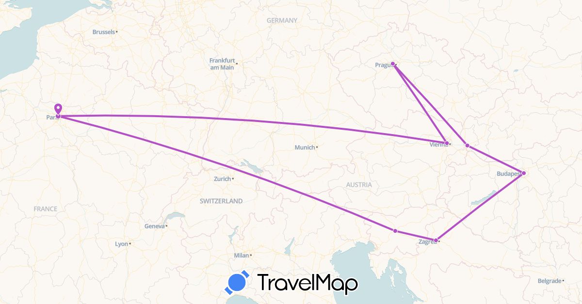 TravelMap itinerary: driving, train in Austria, Czech Republic, France, Croatia, Hungary, Slovenia, Slovakia (Europe)